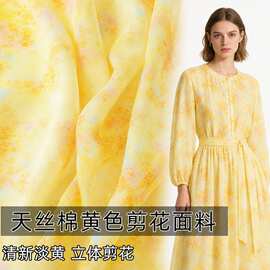 姜黄+鹅黄色和风团花晕染印花真丝苎麻丝麻布料汉服面料经典印花