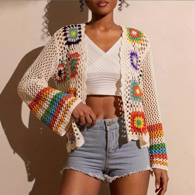 European and American handmade crochet coat for women, ethnic style vintage hollow-out bohemian long-sleeve top, cardigan, knitted cover-up