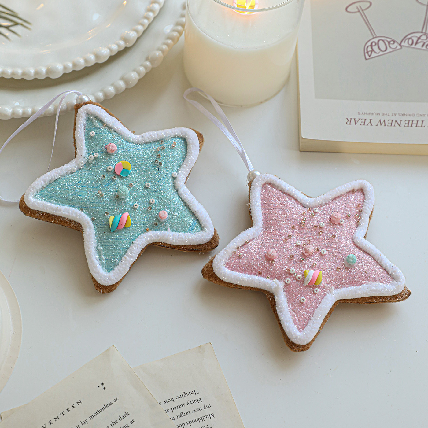 Nuevos colgantes de espuma azul rosa de cinco puntas colgantes de árbol de Navidad polvo adhesivo decoración accesorios de diseño de atmósfera