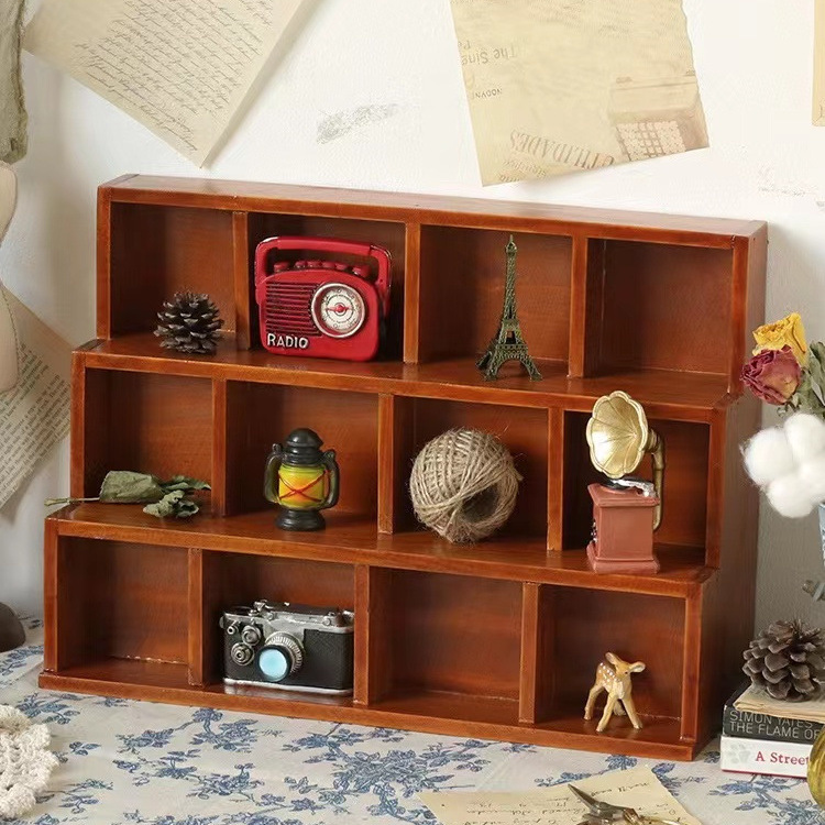 做旧木质桌面收纳柜创意阶梯12格展示柜家居首饰杂物储物盒