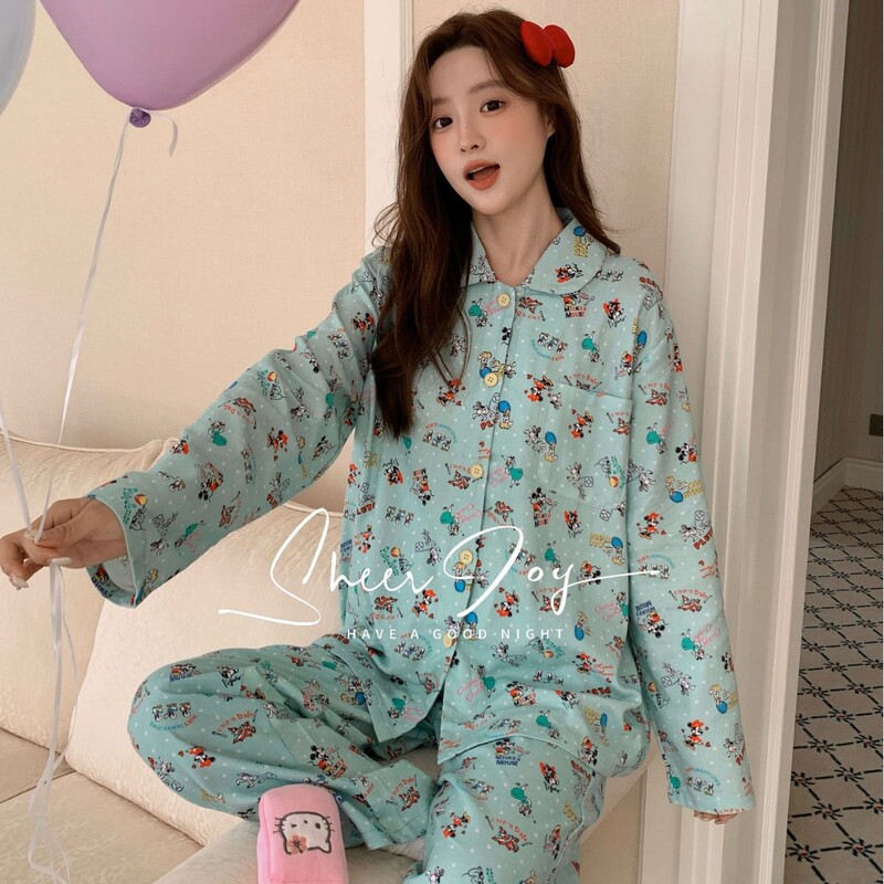 Autumn New Brushed Soft Parent-Child Long-Sleeved Trousers Home Clothes Set Mint Mickey Friends