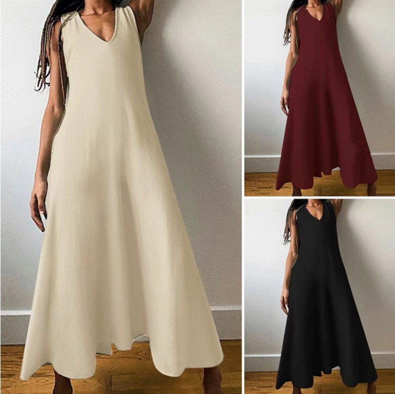 wish Amazon AliExpress Europe and the United States new cross-border cotton and linen vest V-neck sleeveless long dress women 1001