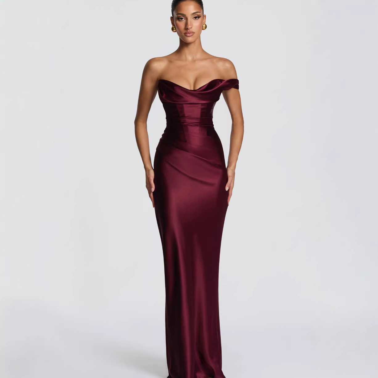 Women's Satin Long Dress European American Style One Shoulder Tie Waist Slim Fashion High End New Spring_ecoleips.com