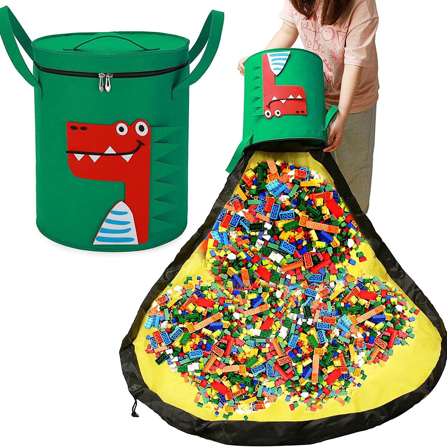 批发亚马逊带盖毛毡卡通收纳桶乐高玩具2合1收纳袋大容量脏衣篮