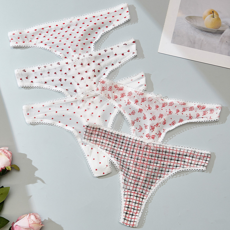 Women's New Summer Seamless Breathable Invisible Mesh Sexy Panties with Printed Plaid Sweet Style Cross-Border