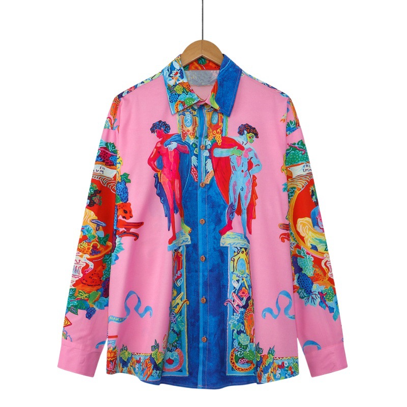 Fiesta de corte retro europea y americana Impresión digital camisa de manga larga casual vacaciones nicho cardigan camisa suelta hombres