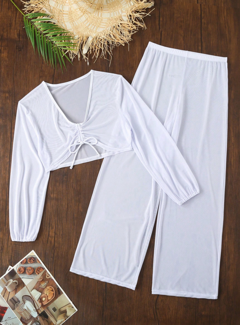 Women's Casual Sportswear Swimsuit Fashionable Solid Color Long Sleeve Long Pants Swimwear Hot Spring Wear New_voghion.com