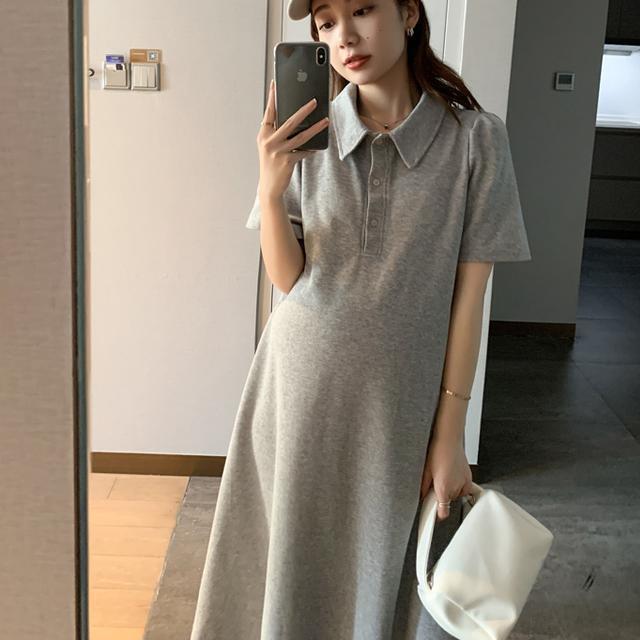 Pregnant Women's Clothes Summer New Fashionable Solid Color Lapel Short Sleeve Loose Mid-length Fashionable Hot Mom Western Style T-shirt Skirt Pregnant Women's Clothes Summer New Fashionable Solid Color Lapel Short Sleeve Loose Mid-length Fashionable Hot Mom Western Style T-shirt Skirt