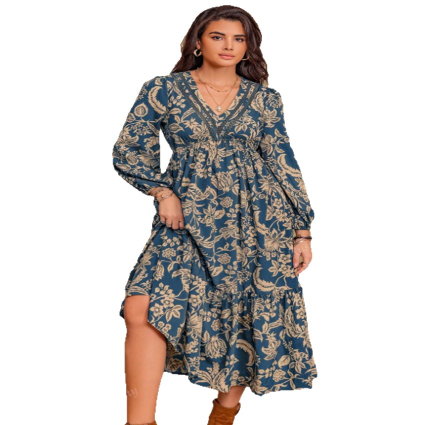 cross-border European And American Women's Clothing Summer New Printed V-neck Long-sleeve Dress_ecoleips.com