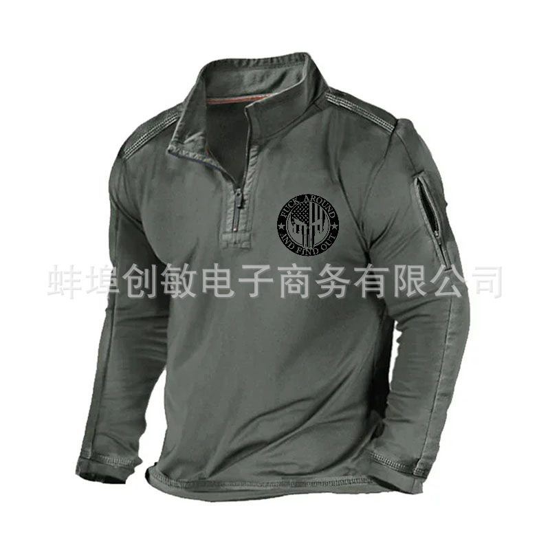 Primavera y otoño Comercio exterior más tamaño de los hombres al aire libre bolsillo con cremallera media cremallera cuello táctico de manga larga Camiseta suéter casual