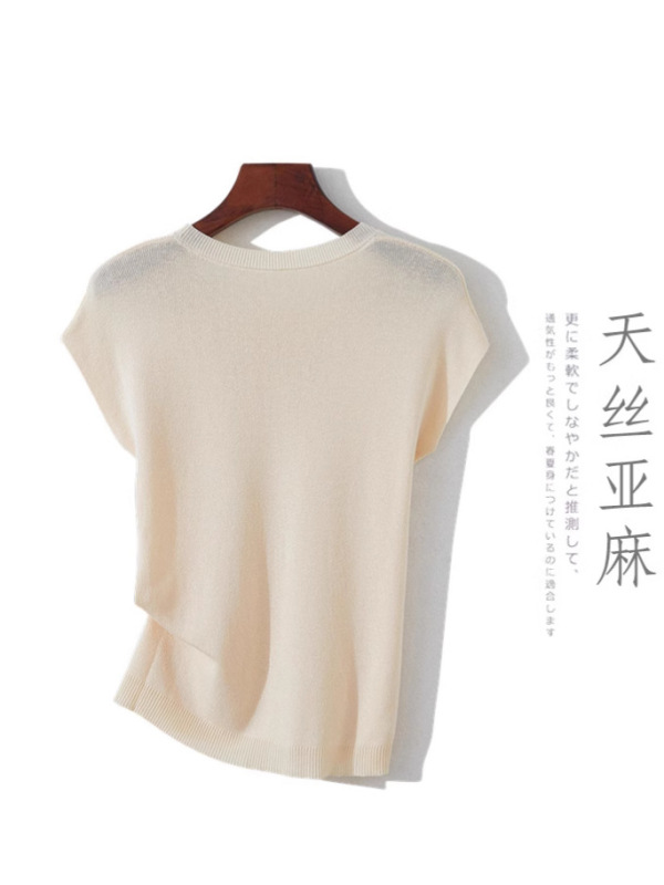 テンセルリネンセーター半袖Tシャツレディース2025夏万能痩身ボトムシャツ無地トップルーズ|undefined