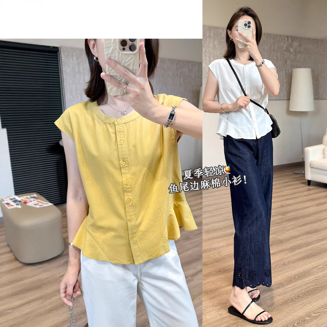 靓小靓 鱼尾边麻棉小衫！圆领纽扣包肩袖遮肚腩短上衣夏季凉衬衫