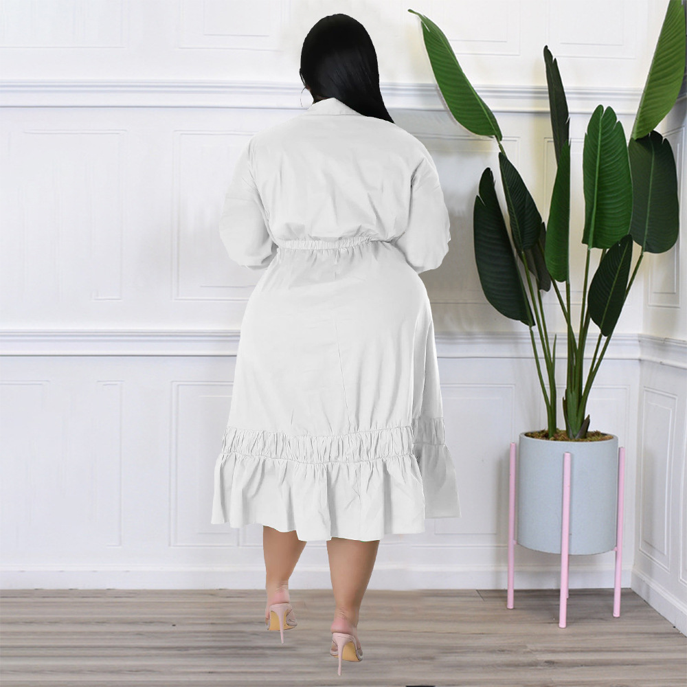 ChicShe N7679 2022 Solid Color Tie Bow Shirt Sleeve Loose Casual Ruffle Plus Size Dress_voghion.com