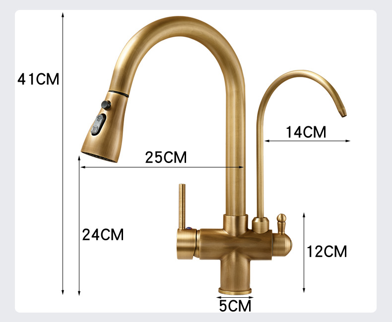 All-copper three-in-one pure water faucet, kitchen pull-out antique faucet, household sink, sink and pressurized faucet undefined