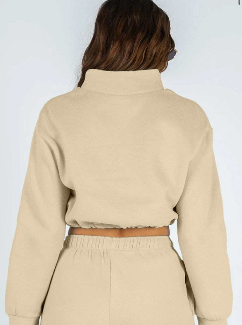 Women's Clothing 2024 autumn and winter solid color stand up collar zipper drawstring navel baring plus velvet sweatshirt casual sweatpants suit_voghion.com