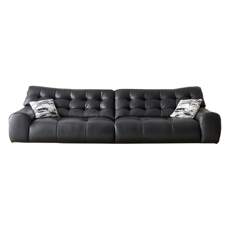 Gran sofá de oso negro capa superior piel de vaca apartamento pequeño sala de estar estilo italiano minimalista estilo antiguo sofá de cuero con respaldo alto negro
