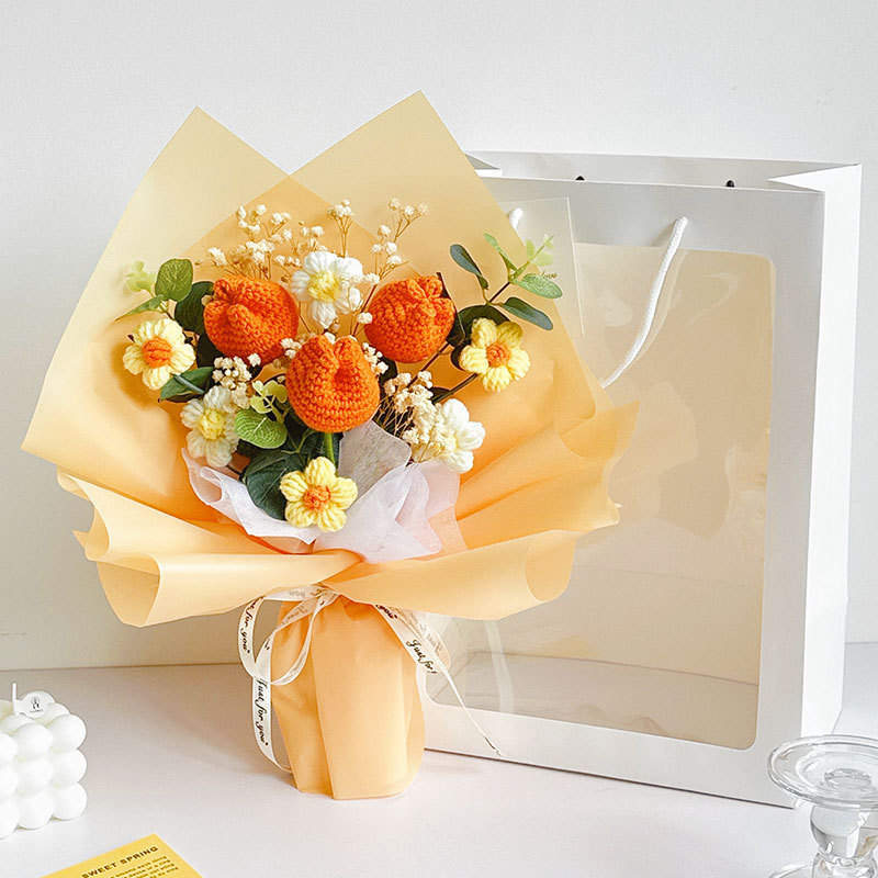 跨境仿真毛線花鬱金香手工鈎織成品情人節送媽媽生日禮物一件代發