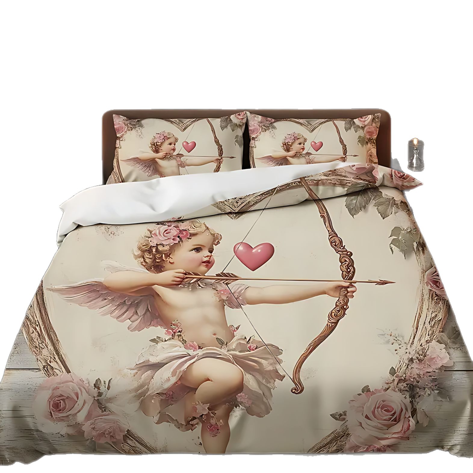 TEMU / JIT Cross-border nuevo diseño de relieve de ángel rosa impresión digital 3D colcha de colchón conjunto de almohada