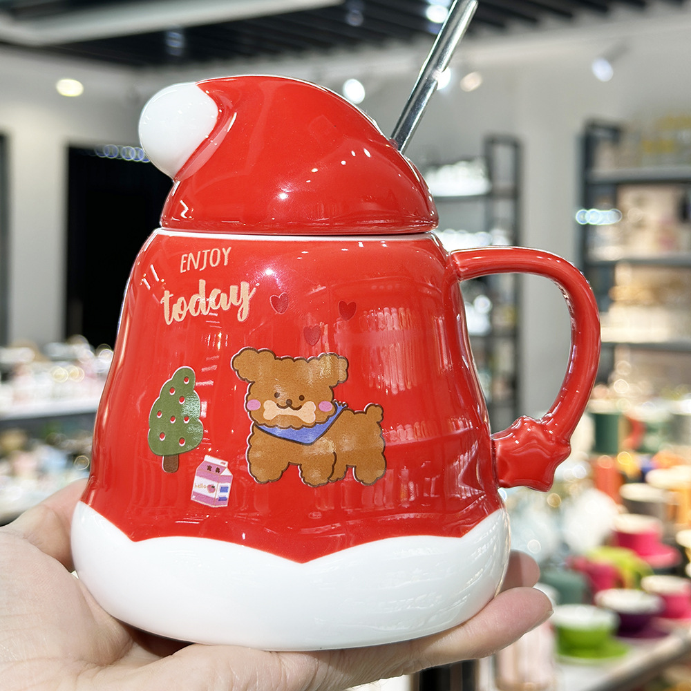 Caricatura encantadora cachorro taza de cerámica de Navidad regalo de Navidad taza de agua doméstica taza de oficina taza con cubierta cuchara