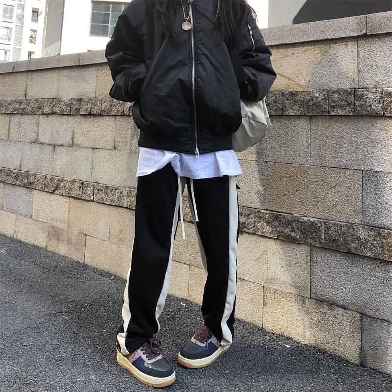 White bar striped original straight-leg loose high street couple trousers design sense color-blocked sweatpants men's and women's slacks_voghion.com