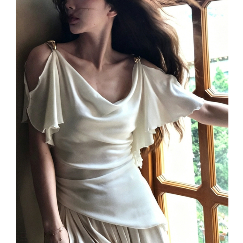 Heartbeat Venus Lyocell French-Style Off-Shoulder Ruffle T-Shirt for Women, Stylish and Casual Style, Summer 2026 Heartbeat Venus Lyocell French-Style Off-Shoulder Ruffle T-Shirt for Women, Stylish and Casual Style, Summer 2026