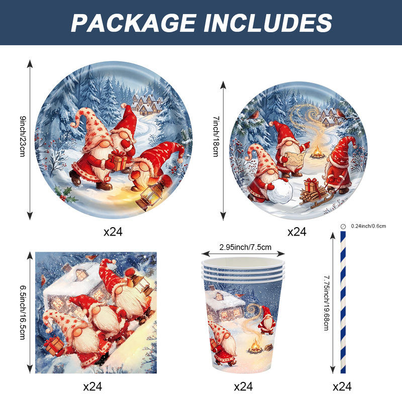 New Christmas Gnome-themed disposable tableware: paper plates, paper napkins, paper cups, straws, holiday decorations New Christmas Gnome-themed disposable tableware: paper plates, paper napkins, paper cups, straws, holiday decorations