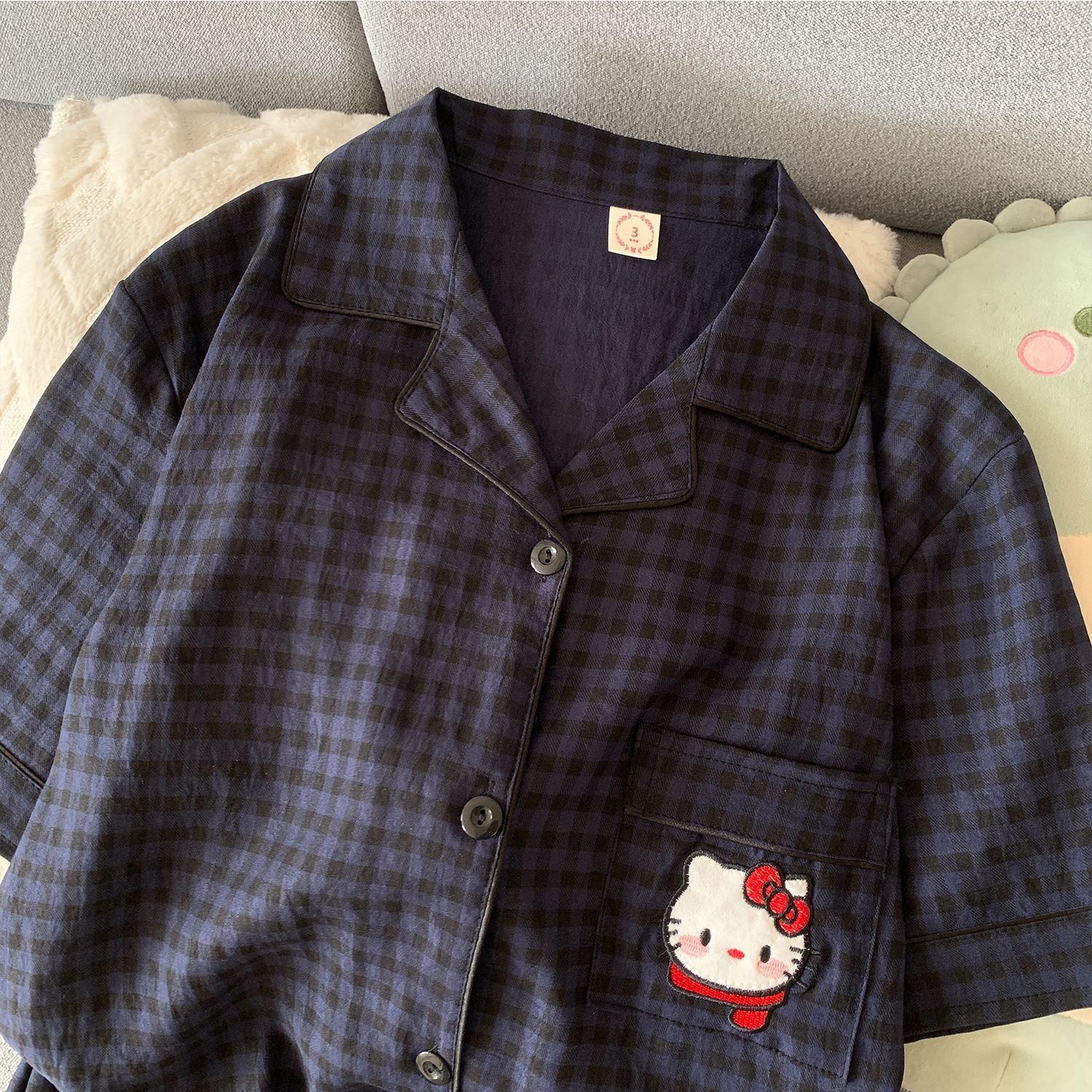 Pijama coreano de primavera y otoño lindo KT gatos cuadrícula pantalones cortos de manga corta cardigan set nubes algodón ropa de hogar se puede usar fuera