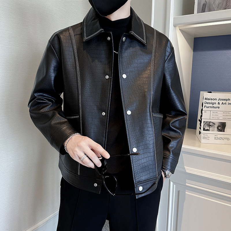 Fw926 Autumn/Winter 2024 Mature Style Crocodile Leather Jacket with Visible Stitching for Men, Turn-Down Collar, Youth Style
