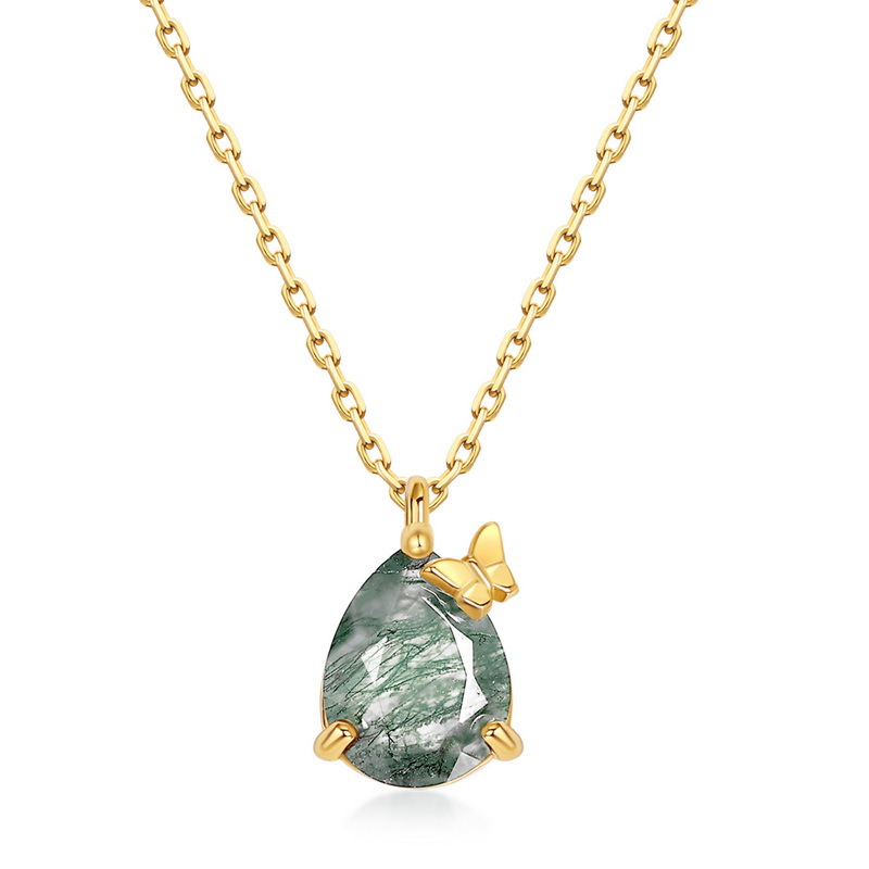 Venta caliente transfronteriza gota de agua de moda simple colgante de ágata de hierba de agua natural S925 con incrustaciones de plata collar de piedra de musgo verde personalizado