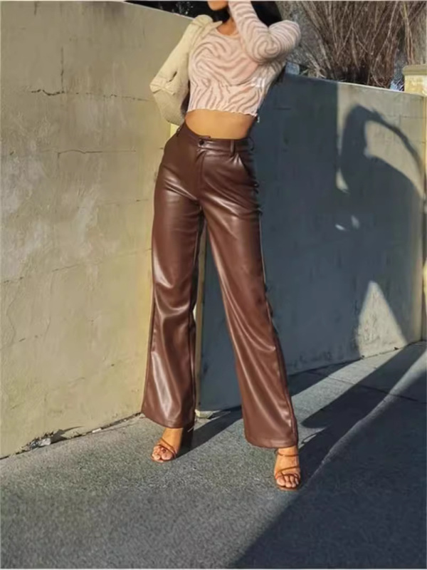 2025 Amazon Wish Leather Pants European and American Foreign Trade Fashion New Product Women's High-Elastic Pu Leggings Stylish Straight-Leg Pants