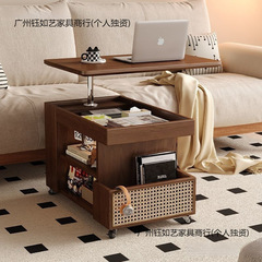 中古风移动边几实木升降旋转茶几桌沙发边几柜带轮小推车储物边柜