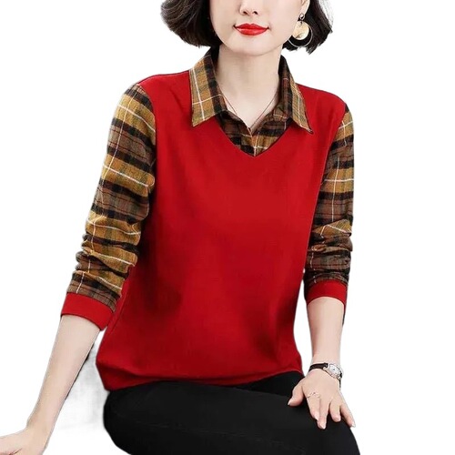 Women's Long-Sleeve Plaid Polo Collar Top with Patches for Plus Size, Mother's Day Outfit, Versatile and Comfortable Fall T-shirt