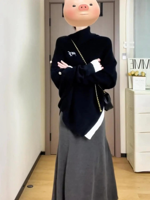 两件/套装韩系复古小个子高领不规则斗篷针织毛衣女+鱼尾半身长裙|undefined