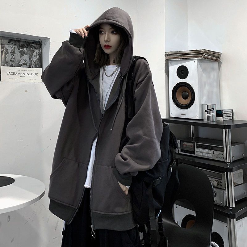 Fall/winter 2022 new Korean version of ins lazy wind cardigan fleece-lined hooded sweater loose zipper coat women's tide