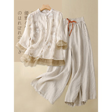 新中式棉麻套装女2025夏季新款中年妈妈夏装高端亚麻阔腿裤两件套