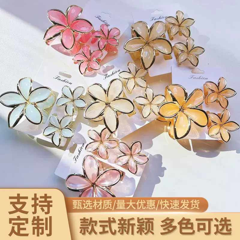 跨境爆款花朵金边鸡蛋花三件套发夹后脑勺盘发半扎发塑料抓夹发饰