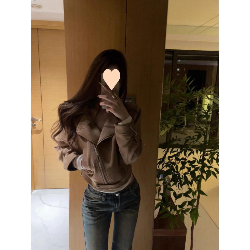 美式卡其色麂皮皮衣外套女春秋韩系短款收腰修身机车夹克上衣开春