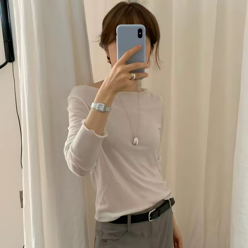 Xh Korean-Style Ruffled Long-Sleeve T-Shirt, Dongdaemun Autumn New Solid Color Slim-Fit Slimming Base Shirt