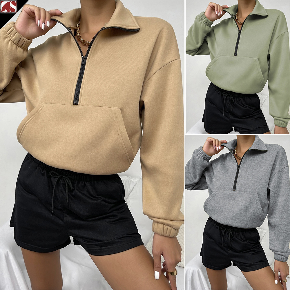Amazon popular 2023 europeo y americano Otoño e Invierno transfronterizo Comercio exterior superior cremallera soporte cuello manga larga forro polar suéter suelto para las mujeres