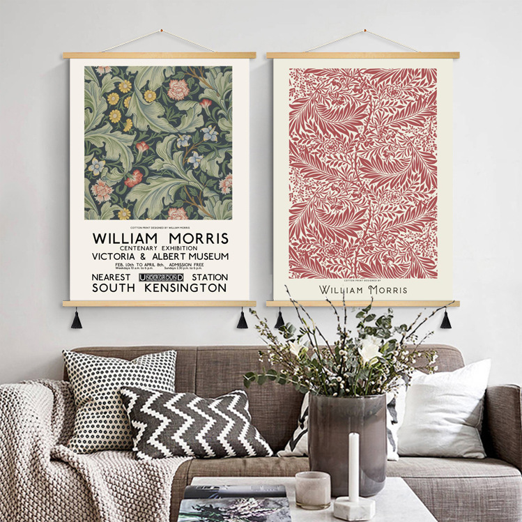 北歐高清實木流蘇掛畫 威廉·莫里斯裝飾畫沙發玄關走廊布藝掛畫