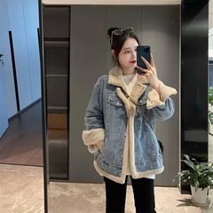 欧货两面穿羊羔毛牛仔外套女韩版冬宽松复古保暖加绒加厚夹克上衣