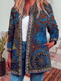 9222# Amazon wish autumn and winter New retro ethnic style printed long-sleeved coat jacket cardigan women's clothing