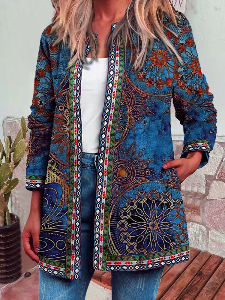 9222# Amazon Wish Autumn/Winter New Retro Ethnic Print Long-Sleeved Jacket Cardigan Women's Clothing