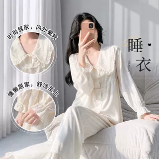 法式睡衣女夏季长袖长裤家居服套装娃娃领蕾丝花边宽松舒适可外穿