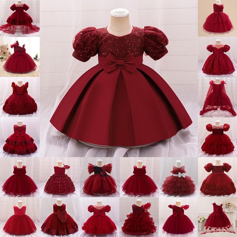 Cross-Border Style Girls' Princess Dress Red Girls' Mesh Princess Dress Pleated Tutu Skirt First Birthday Dress