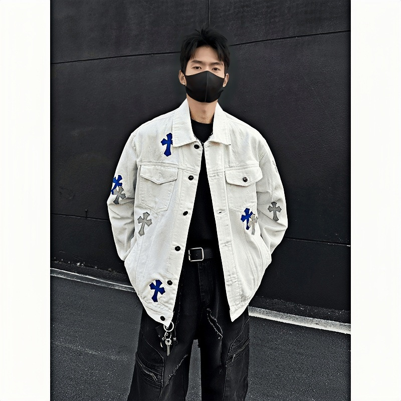 American Retro Patchwork Denim Jacket for Men, Spring and Autumn Trendy Brand, Loose Casual Hip-Hop Cool Washed Jacket Top