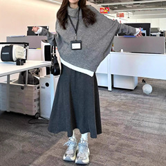 灰色高领松弛感不规则斗篷毛衣女秋冬新款慵懒气质宽松针织衫上衣