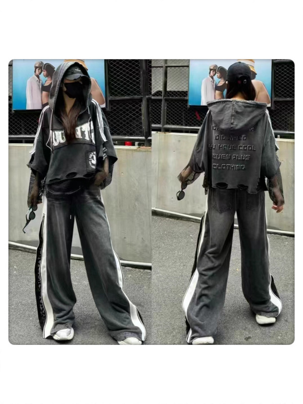 欧货卫衣女2025秋季新款重工网袖假两件字母印花宽松破洞潮牌上衣|undefined
