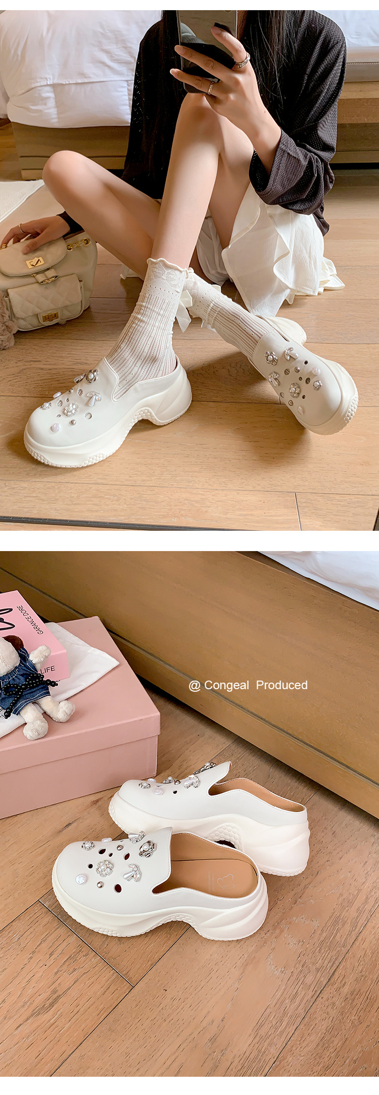 Dép lê bít mũi độn cao da thật 7cm cho nữ, phong cách sandal lỗ xốp mùa hè, đính ngọc trai đinh tán — Màu trắng, Màu xám chi tiết 13