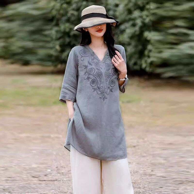 Summer New Style Mid-Length Versatile Women's Artistic Retro Embroidered Cotton and Linen V-Neck Short-Sleeve Top, Loose Fit, Flattering for Women Summer New Style Mid-Length Versatile Women's Artistic Retro Embroidered Cotton and Linen V-Neck Short-Sleeve Top, Loose Fit, Flattering for Women